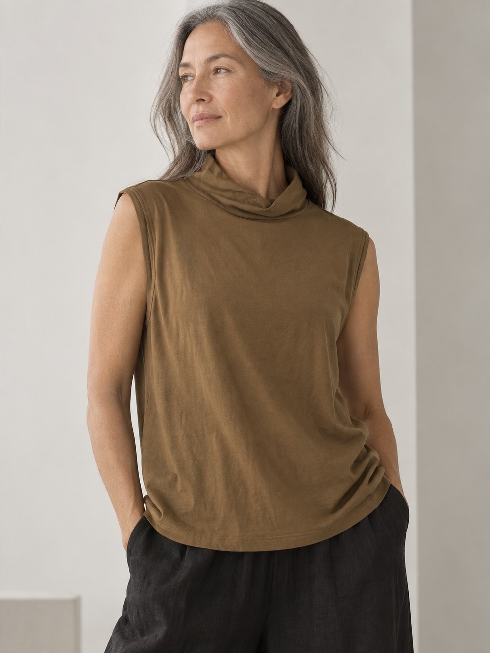 Eileen Fisher Tencel Scrunch Neck Sleeveless Top Brown Medium NWOT
